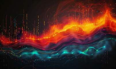 Poster - vibrant financial data visualization with abstract light patterns in dark setting showing stock mark