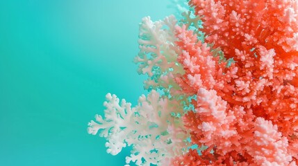 Poster - Close up of pink and white coral growing on a reef in blue ocean water. The image features a gradient from dark to light blue