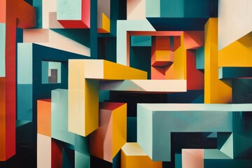 Poster - Vibrant and dynamic abstract geometric shapes painting with interlocking colorful blocks and a 3d effect on canvas. Featuring a modern