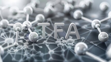 Wall Mural - Minimalist 3d trifluoroacetic acid molecule with TFA sign on carbon, fluorine, and oxygen atoms, health risk concept, white background, banner