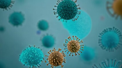 Fototapete - A close-up image of various viruses, including one with a prominent spike structure, in a blue background.
