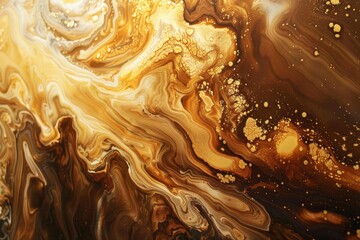 Poster - Elegant marbling texture with golden and brown swirls, resembling fluid art