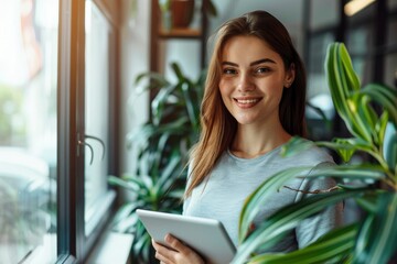 Wall Mural - Beautiful Middle Eastern Manager Sitting at a Desk in Creative Office. Young Stylish Female with Curly Hair Using Laptop Computer in Marketing Agency. Colleagues Working Background - generative ai