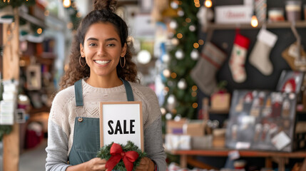 Sticker - Store manadger woman hold a board with sale sign in a christmas decorated shop