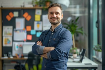 Poster - Business, man and confident for portrait in office with ideas, planning and information of startup company. Male person, pride and arms crossed for solution, brainstorming - generative ai