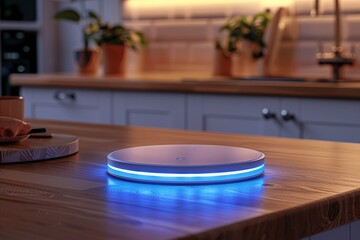 Poster - Modern smart device with glowing blue lights, representing advanced home technology and connectivity, ideal for home automation and energy-efficient control in a sleek design