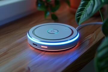 Poster - Modern smart device with glowing blue lights, representing advanced home technology and connectivity, ideal for home automation and energy-efficient control in a sleek design