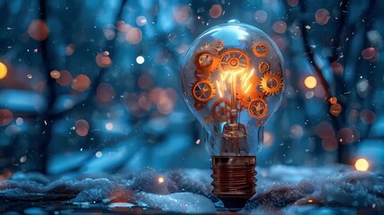 Poster - Conceptual lightbulb with moving gears as a symbol of an idea on dark background