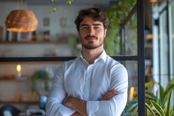 Poster - Business, man and confident for portrait in office with ideas, planning and information of startup company. Male person, pride and arms crossed for solution, brainstorming - generative ai