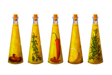 Canvas Print - Set of bottles of flavored olive oil with spices, herbs, hot chili pepper, garlic, lemon, thyme and rosemary isolated on white background. It can be used for prints on textile and paper recepy, menu