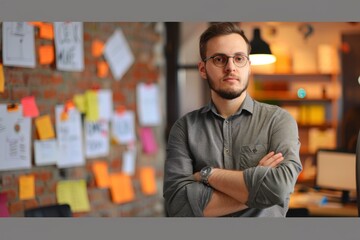 Wall Mural - Business, man and confident for portrait in office with ideas, planning and information of startup company. Male person, pride and arms crossed for solution, brainstorming - generative ai