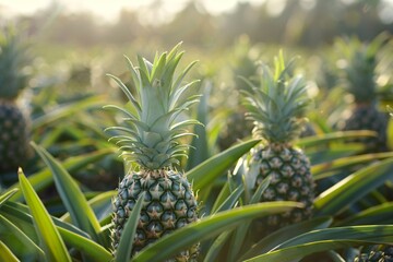 Poster - Pineapple growing in rows on a plantation at sunset