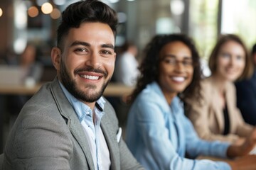 Poster - Happy business man listening to a discussion in an office boardroom. Business professional sitting in a meeting with his colleagues - generative ai