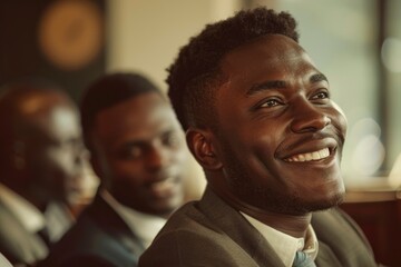 Poster - Happy business man listening to a discussion in an office boardroom. Business professional sitting in a meeting with his colleagues - generative ai