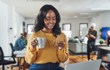 Poster - Business, woman and phone with coffee in office for text message, checking notification and break. Professional, employee and tech for mobile chat with laptop, coworking space or email feedback