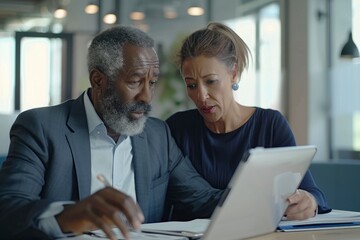 Wall Mural - Team of diverse partners mature Latin business man and European business woman discussing project on tablet sitting at table in office. Two colleagues of professional business people - generative ai