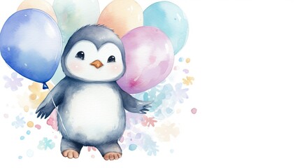 Wall Mural - Cute baby penguin holding balloons