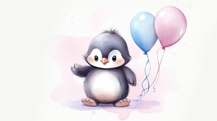 Wall Mural - Cute baby penguin holding balloons