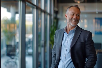 Wall Mural - Successful business man smiling as he stands outside a meeting room in a professional workplace. Caucasian male executive looking away in reflection of his business accomplishments - generative ai