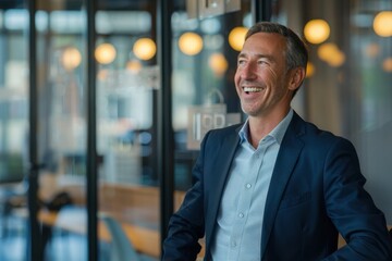 Wall Mural - Successful business man smiling as he stands outside a meeting room in a professional workplace. Caucasian male executive looking away in reflection of his business accomplishments - generative ai