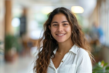 Canvas Print - Young smiling latin girl college student or teacher looking at camera standing in university campus. Happy hispanic millennial woman professional posing in modern coworking creative - generative ai