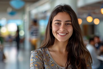 Poster - Young smiling latin girl college student or teacher looking at camera standing in university campus. Happy hispanic millennial woman professional posing in modern coworking creative - generative ai