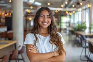 Wall Mural - Young smiling latin girl college student or teacher looking at camera standing in university campus. Happy hispanic millennial woman professional posing in modern coworking creative - generative ai