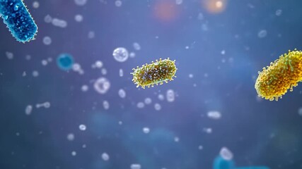 Fototapete - Several bacteria are seen floating in a liquid medium. The bacteria appear green, blue, and yellow, and some are round while others are rod-shaped.