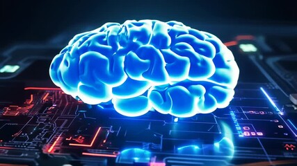 Poster - A glowing blue brain model rests on a black circuit board with red and blue lights
