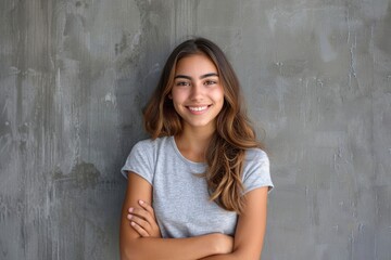 Wall Mural - Portrait of a young latin woman with pleasant smile and crossed arms isolated on grey wall with copy space. Beautiful girl with folded arms looking at camera against grey wall - generative ai