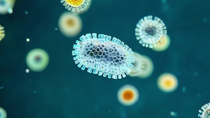 Fototapete - Microscopic view of viruses, illuminated with a blue and green hue, against a dark background.