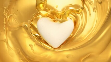 Poster - A white heart floats in the center of a golden liquid swirl, creating a heart-shaped frame. The liquid is smooth and shiny, reflecting light