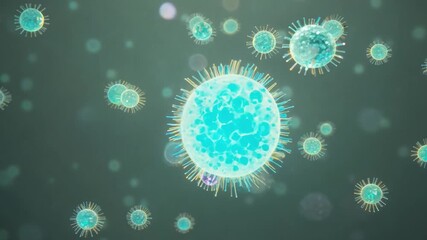Fototapete - A microscopic view of viruses, showing their intricate structures and movement against a green background.