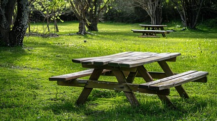 Aufkleber - Park Picnic table bench rest relax outdoors Benches and tables on green grass in recreational area : Generative AI