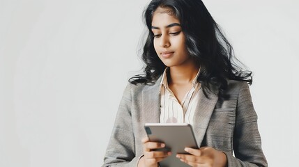 young indian or arabic woman in business holding digital computer looking at camera portrait of midd