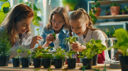 Aufkleber - Science students and curious of plants children and teacher with container of sample of nature Classroom woman and kids with observation on table learning and growth with development i : Generative AI
