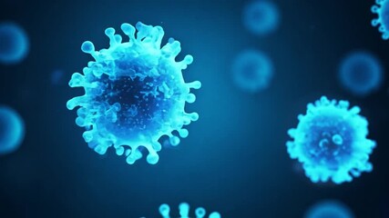 Aufkleber - A digital 3D render of a blue coronavirus particle, with other particles blurred in the background.