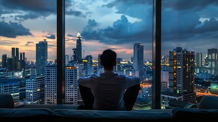 Wall Mural - Back of Asian man sitting on sofa couch with window glass in hotel room with Bangkok City skyline in Thailand Skyscraper buildings Downtown skyline Urban town Relaxing area People life : Generative AI