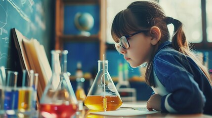 Aufkleber - Girl classroom and science beaker for learning education and test with smart or intelligent child Student in school with chemistry knowledge and pour liquid for experiment and chemical : Generative AI