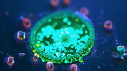 Aufkleber - A close-up view of a green algae colony under ultraviolet light, revealing a vibrant, fluorescent pattern. The colony is surrounded by several smaller, colorful structures.