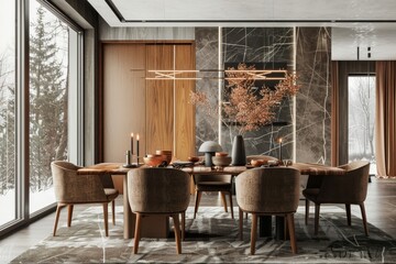 Wall Mural - Interior of modern dining room in luxury house with marble walls, concrete floor, comfortable round table with beige chairs and wooden chairs.