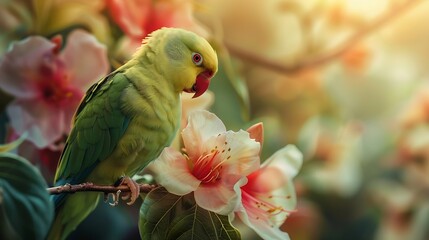 Wall Mural - Parrot on the flower Beautiful extreme closeup : Generative AI