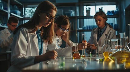 Aufkleber - Education learning or science with teacher and students at table in laboratory for experiment or reaction Classroom school or study with woman scientist and children at academy for dev : Generative AI