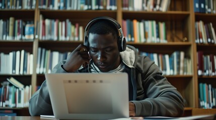 Aufkleber - Portrait of a Smart Male Putting On Headphones and Working on a Laptop Computer Young Man Doing a Homework Assignment and Preparing for Political Science Exams in a College Library : Generative AI