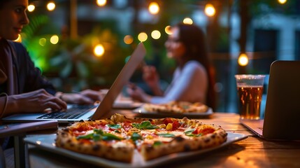 Aufkleber - Business meeting laptop and people for design at night in office creative agency and overtime food for project Teamwork support and problem solving in pizza planning for deadline and d : Generative AI