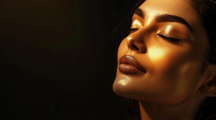 Wall Mural - Beauty sensual and face of woman in a studio with body care wellness and health routine Cosmetic movement and portrait of an Indian female model with glowing skin treatment by a black  : Generative AI