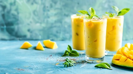 Poster - Fresh mango lassi in glasses on blue background with copy space Indian healthy detoxic ayurvedic cold drink with mango Freshness lassi made of yogurt water spices fruits and ice : Generative AI