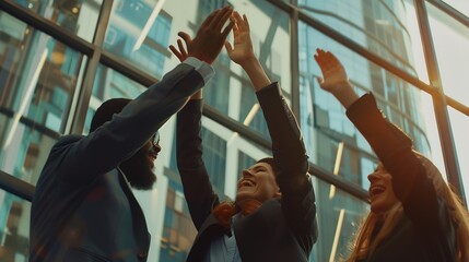 Aufkleber - Business people high five happy team celebration or office greeting Startup becoming radically productive leadership and communications skills development successful coaching or manage : Generative AI