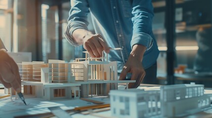 Leinwandbilder - Engineer or architect teamwork working on construction project with building model and blueprint in office Construction concept : Generative AI