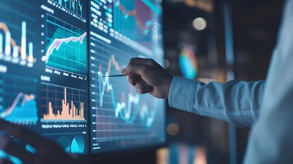 Aufkleber - Businessman finance analyst analyzing financial report and economic growth graph chart Business strategy planning and solution budget management business success finance investment bac : Generative AI